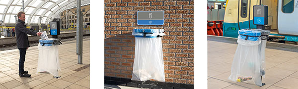 Support pour sac poubelle TSU™ collecte du papier sur un quai de gare