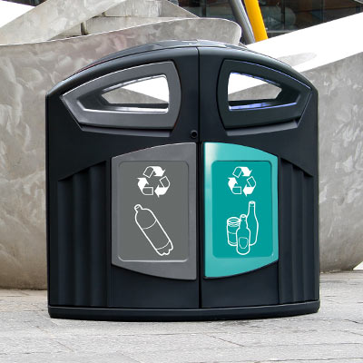 Voor- en zijaanzicht van de Nexus 200 recycling afvalbakken